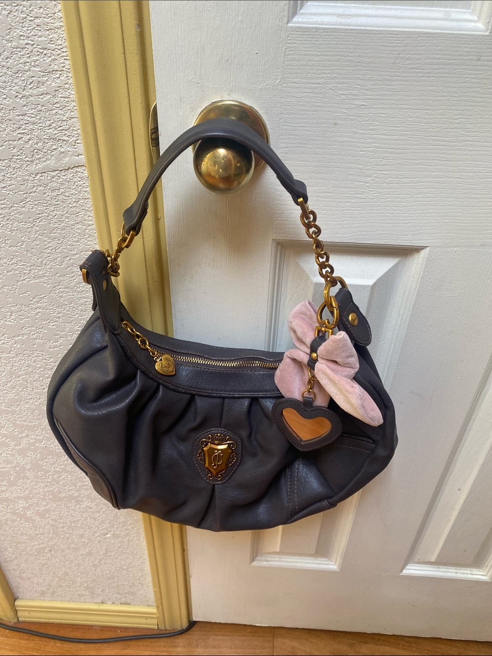 Juicy Couture Black Shoulder Bag with Pink Bow and Heart Charm